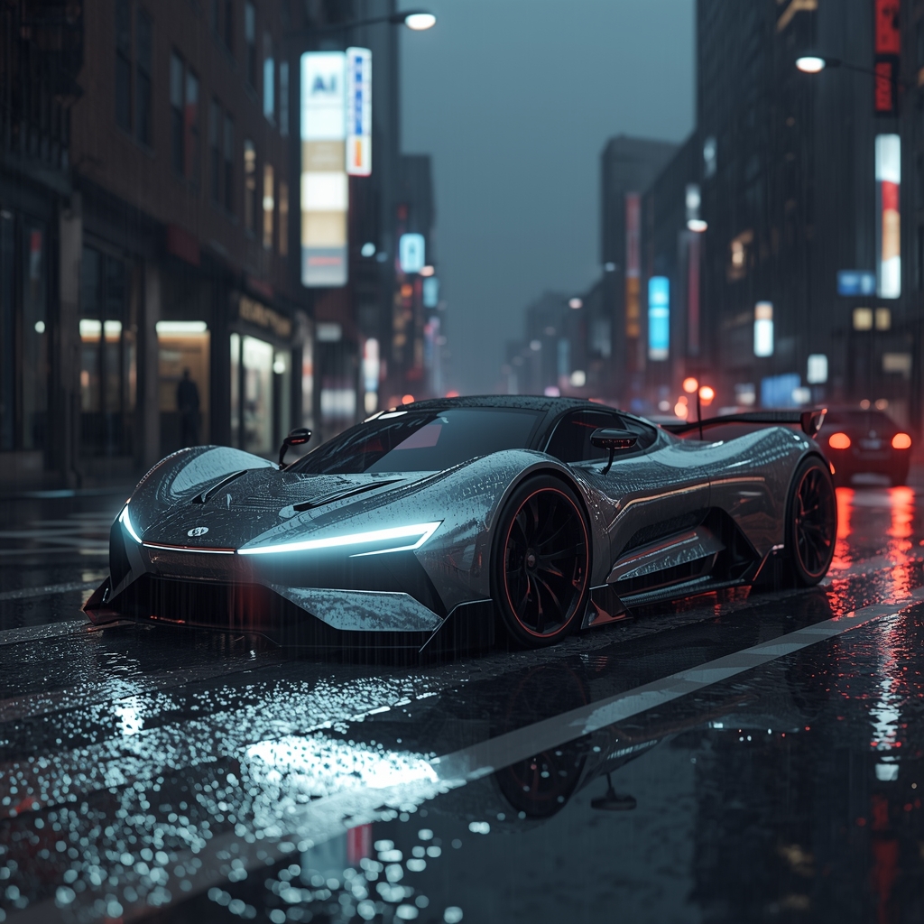 Cinematic 8k render of a futuristic silver electric hypercar on neon rain-slicked city streets at night